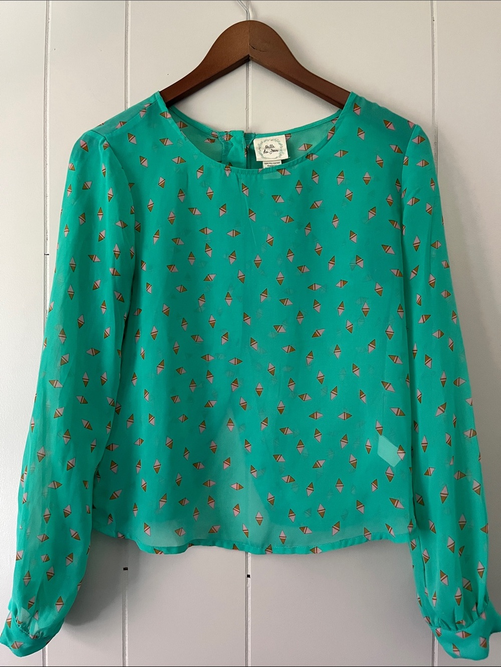 Belle Du Jour Teal Geometric Print Long-Sleeve Blouse